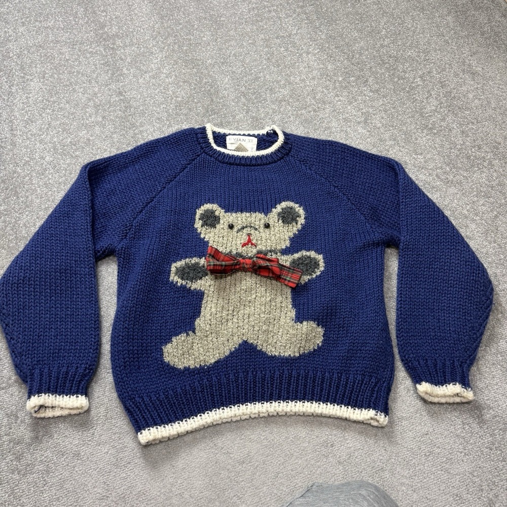 Vintage Teddy Bear Blue Pullover Sweater Hand Knit Bow Evian II Size M